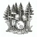 Incorporate a drum set into a forest scene, with trees and animals playing the drums as well tattoo design idea