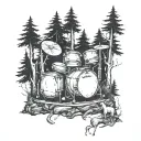 Incorporate a drum set into a forest scene, with trees and animals playing the drums as well tattoo design idea