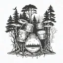 Incorporate a drum set into a forest scene, with trees and animals playing the drums as well tattoo design idea