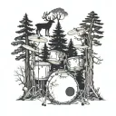 Incorporate a drum set into a forest scene, with trees and animals playing the drums as well tattoo design idea