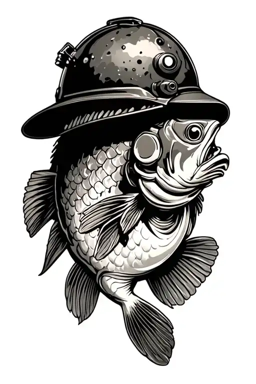 coal mine helmet oil pump bass fish surrounded tattoo design idea