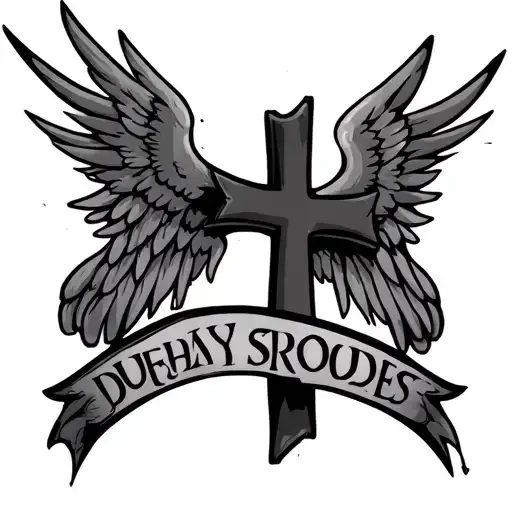 cross with wings with lighting in background and wording below it tattoo design idea