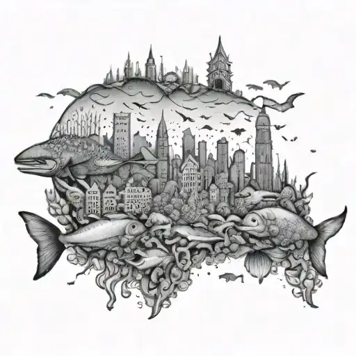 An intricate underwater cityscape filled with marine life and coral reefs tattoo design idea