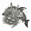 An intricate underwater cityscape filled with marine life and coral reefs tattoo design idea