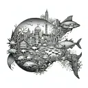 An intricate underwater cityscape filled with marine life and coral reefs tattoo design idea