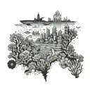 An intricate underwater cityscape filled with marine life and coral reefs tattoo design idea