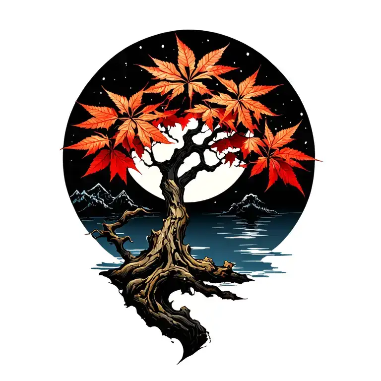 Japanese maple tree with leaves moon tattoo design idea