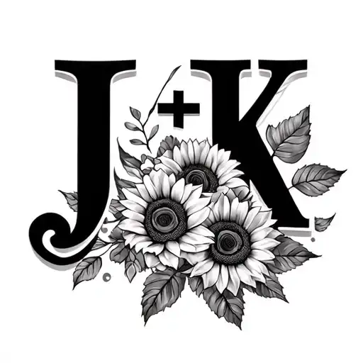"J +K" Roses, sunflowers and  hearts tattoo design idea