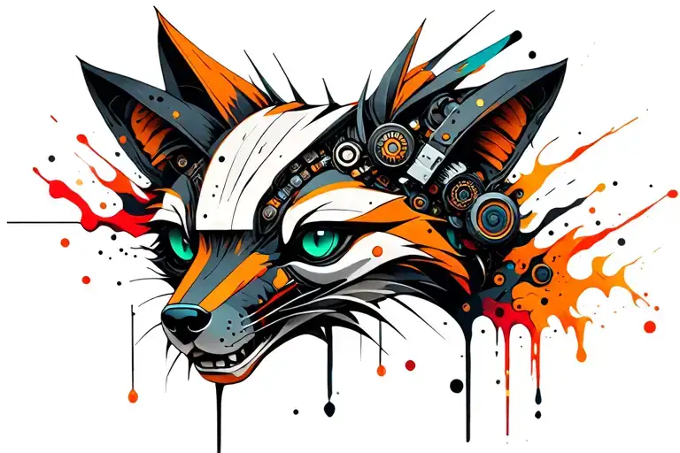 Mechanical Steampunk Robotic Desert Fox head made with battery elements. Use Greens, Blues and Firey orange tattoo design idea
