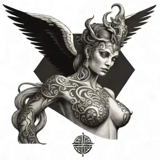 Goddess Nemesis, with a sculpted body and bare breasts tattoo design idea