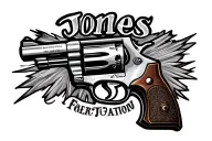 the last name jones in the shape of a revolver pistol tattoo design idea