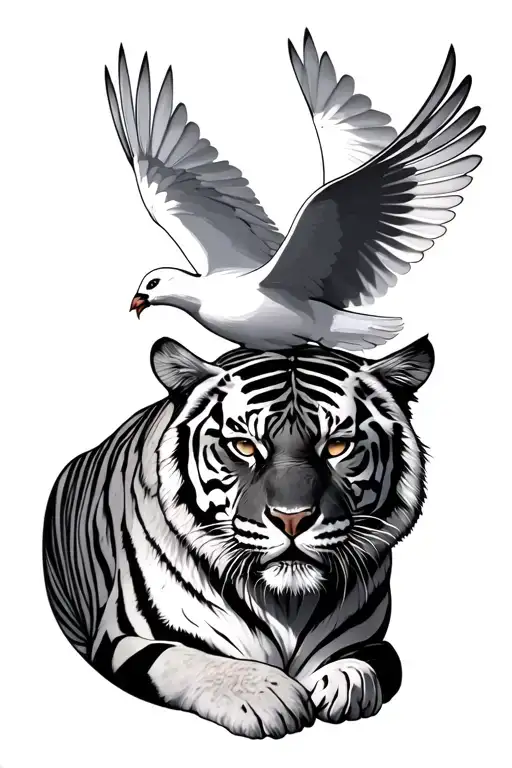 Tiger with white dove flying tattoo design idea