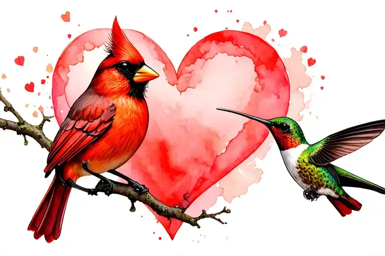 cardinal and hummingbird hearts surrounded tattoo design idea