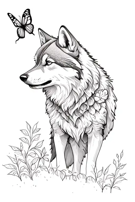 nature theme with wolf, butterfly, quotes involving strength and positivity.   tattoo design idea