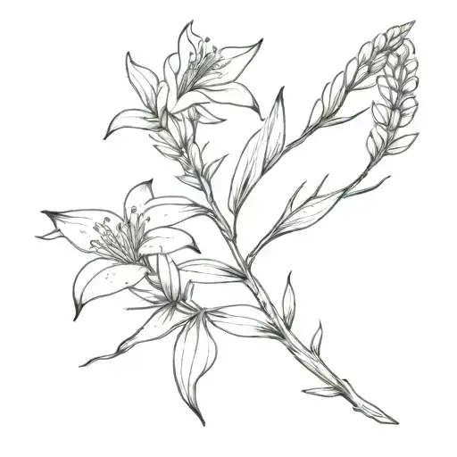 hand holding flower sprig: bluebonnet, edelweiss, lobster claw heliconia tattoo design idea