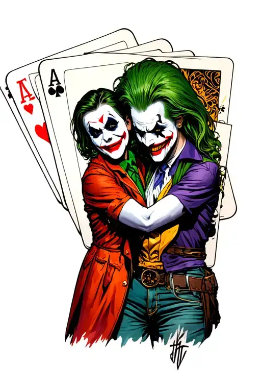 Harley and joker with joker cards, ha ha ha and comic strip tattoo design idea