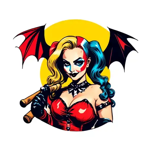 harley quinn cartoon tattoo holding bat tattoo design idea