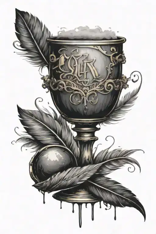 chalice with ink one feather quill scrawling I am immortal onto it God's stamped on in gold words tattoo design idea