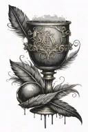 chalice with ink one feather quill scrawling I am immortal onto it God's stamped on in gold words tattoo design idea