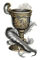 chalice with ink one feather quill scrawling I am immortal onto it God's stamped on in gold words tattoo design idea