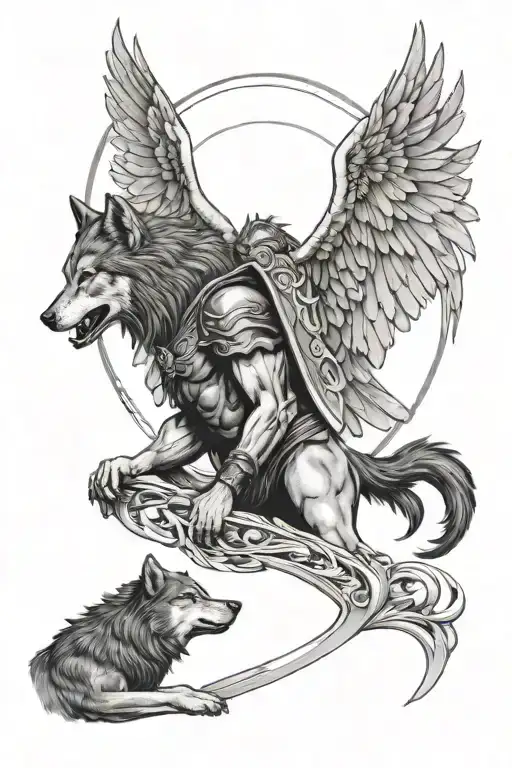 arch angel Michael with a howling wolf howling tattoo design idea