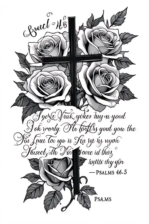 Psalms 46:5 verse written with roses and cross tattoo design idea