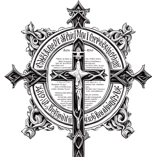 Serbian orthodox cross surrounded with st Sava church and Serbian orthodox bible verses tattoo design idea