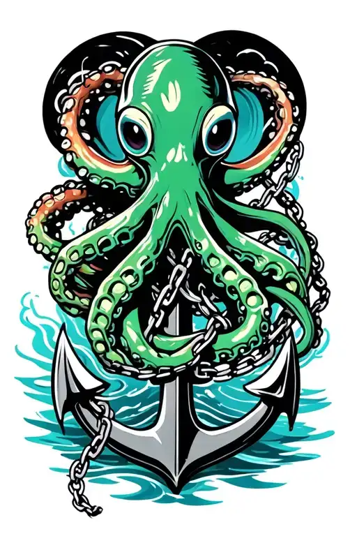 black and green octopus wrapped around anchor in water with broken chain tattoo design idea