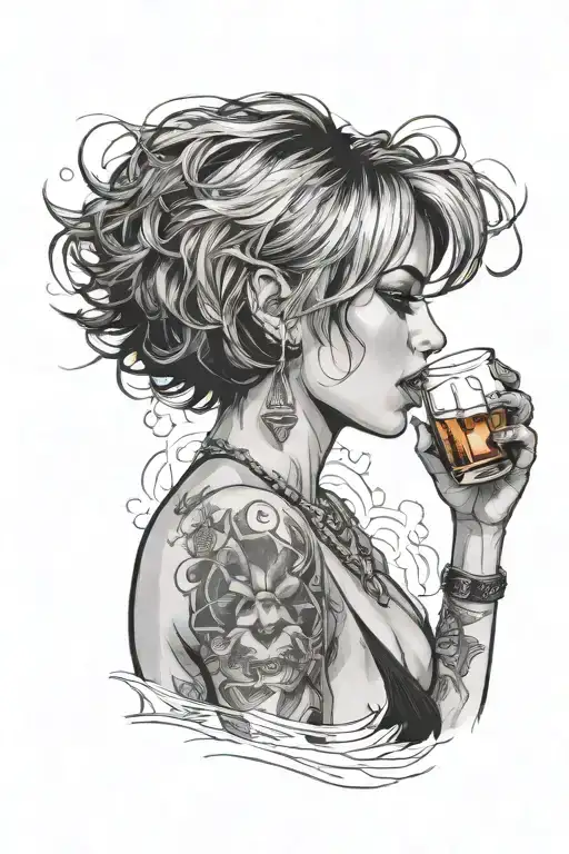 Sexy girl, Huge cleavage, petite, torn clothing, short white bob hairstyle, drinking alcohol, side view tattoo design idea