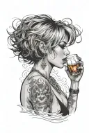 Sexy girl, Huge cleavage, petite, torn clothing, short white bob hairstyle, drinking alcohol, side view tattoo design idea