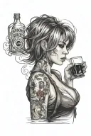 Sexy girl, Huge cleavage, petite, torn clothing, short white bob hairstyle, drinking alcohol, side view tattoo design idea