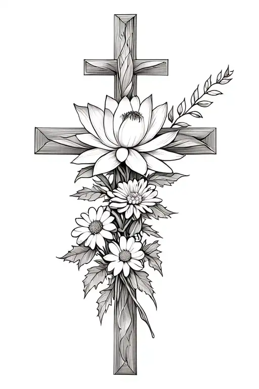 water lily, aster, chrysanthemum, and holly wrapped around a cross tattoo design idea