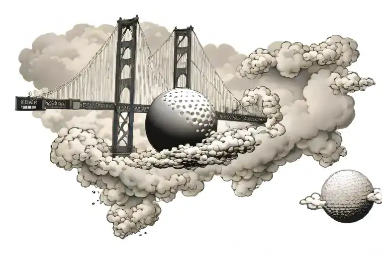golf ball hit over the Golden Gate Bridge in the clouds  tattoo design idea