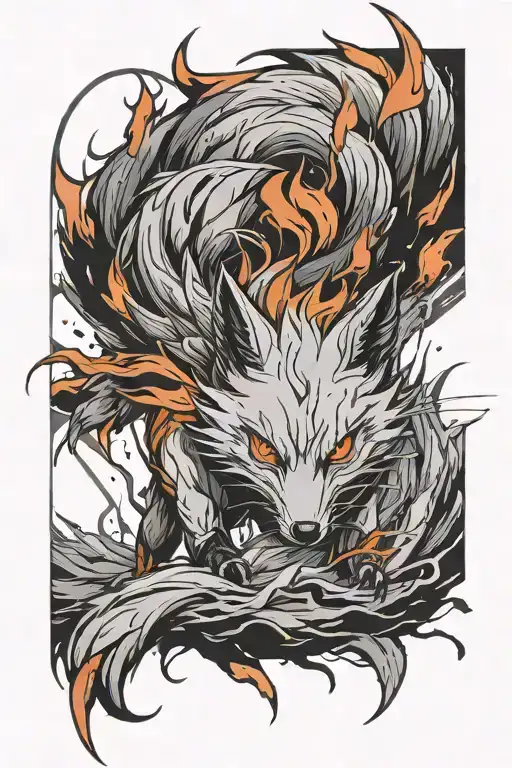 Create a Black and white tatoo sketch nine tail fox from anime Naruto, A kitsune with red-orange fur, human arms and nin tattoo design idea