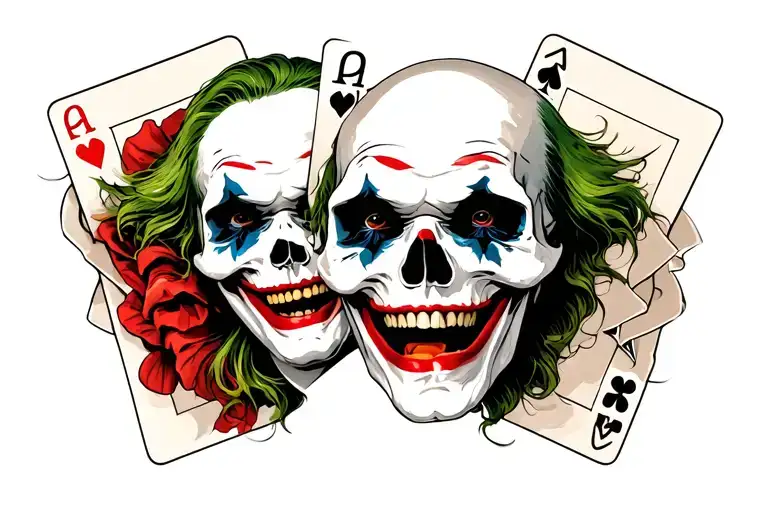 joker skull holding up joker playing card while laughing tattoo design idea