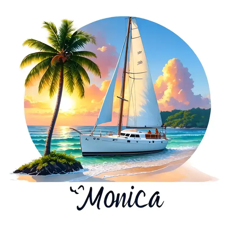 "Monica" "Monica" "Monica"  white catamaran sailing, sunrise, small island palm, ocean beach outside of circle at bottom tattoo design idea