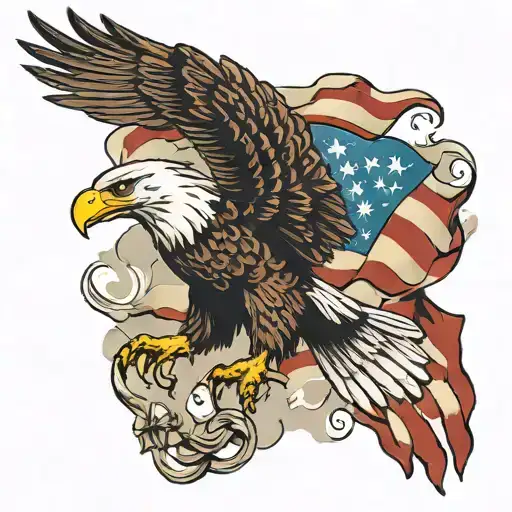 realistic flying bald eagle with wings spread clutching a tattered American flag in its claws tattoo design idea
