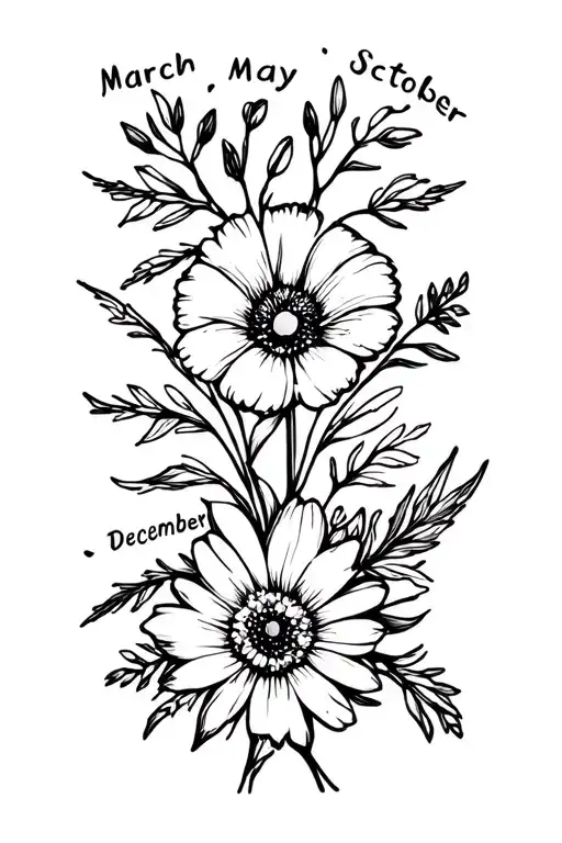 birth month flowers March, May, July, September, October and December tattoo design idea