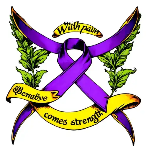 Purple ribbon with words "With pain" on top and "comes strength" on bottom outside of ribbon tattoo design idea