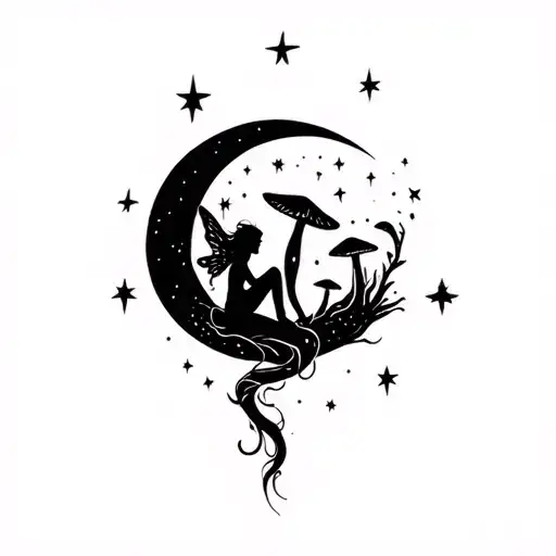  shadow fairy sitting on long twisted mushrooms inside the moon among stars tattoo design idea