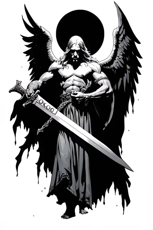 "Neither God nor Master" a fallen angel holding a sword in his hands with an apocalyptic decor. tattoo design idea