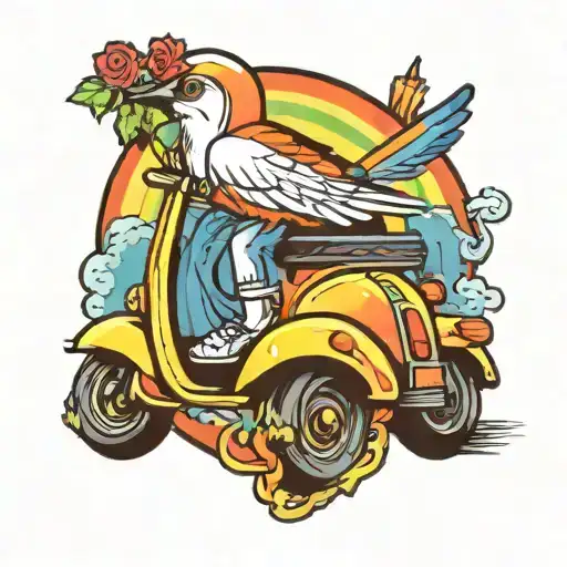 A kids scooter riding a rainbow, scooter on top of rainbow, linework tattoo design idea