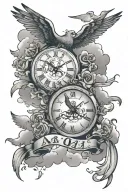 cross, pigeon flying, clock, moos 9:11 text, A.A.A text and background clouds tattoo design idea