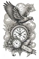 cross, pigeon flying, clock, moos 9:11 text, A.A.A text and background clouds tattoo design idea