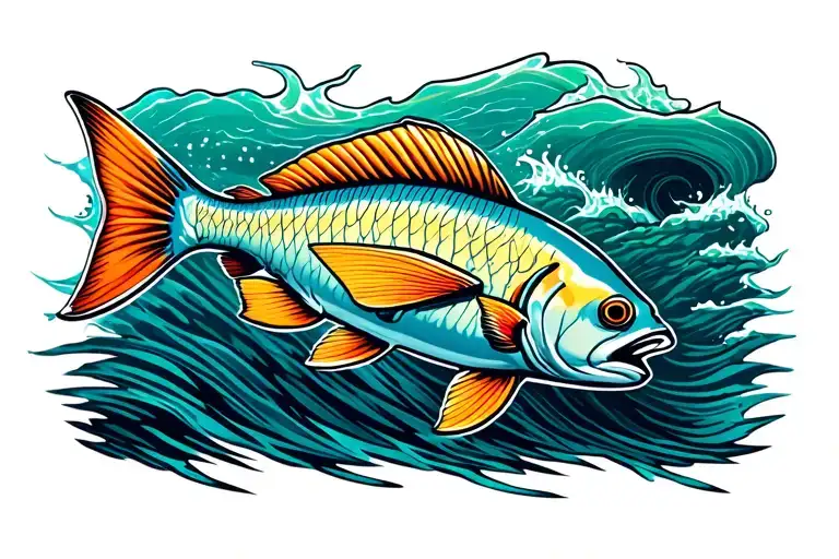 california sheephead fish swimming in water waves tattoo design idea