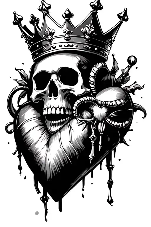 heart and skull wearing a crown tattoo design idea