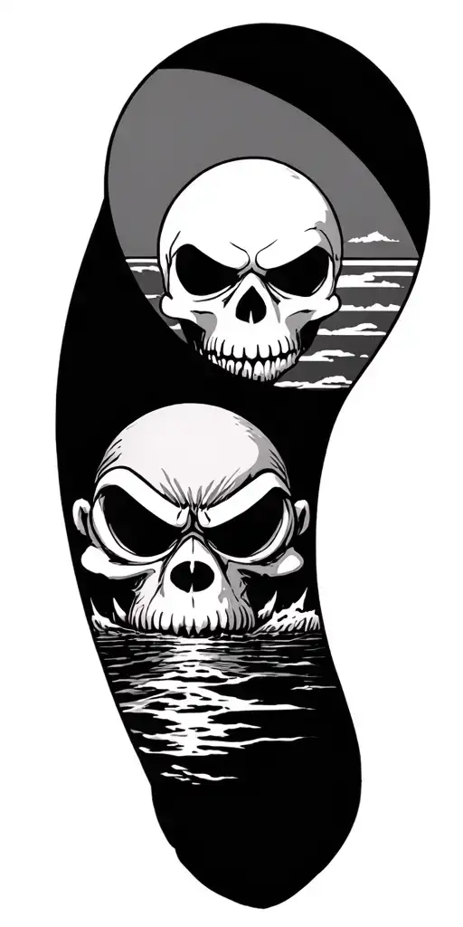 Cartoon skull + japanese sun setting + donkey kong + dark pit + ganondorf + threes & sea tattoo design idea