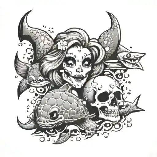 mermaid anchor skulls turtles shark starfish bubbles  tattoo design idea