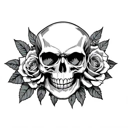 flash skull and roses blooming tattoo design idea