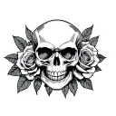 flash skull and roses blooming tattoo design idea